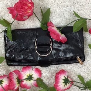 Hobo black crinkle patent leather fold over clutch
